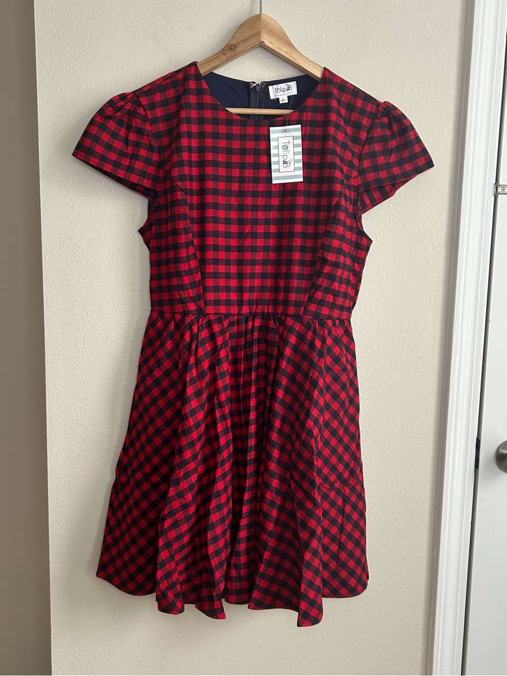 NWT Tulip B Modern Vintage Red and Navy Plaid Gingham Fit-and-Flare Dress Size L